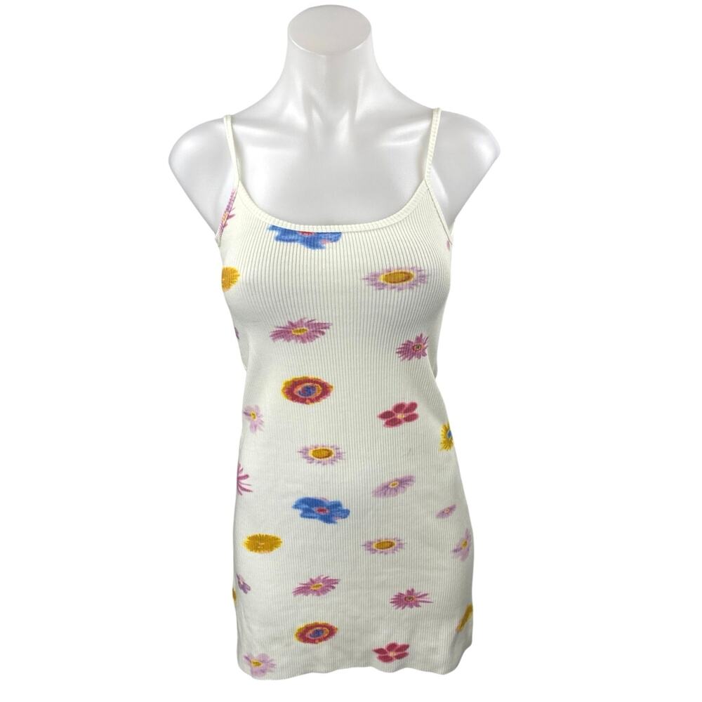 UNIF Cream Ribbed Mini Dress with Pink, Blue & Yellow Floral Print